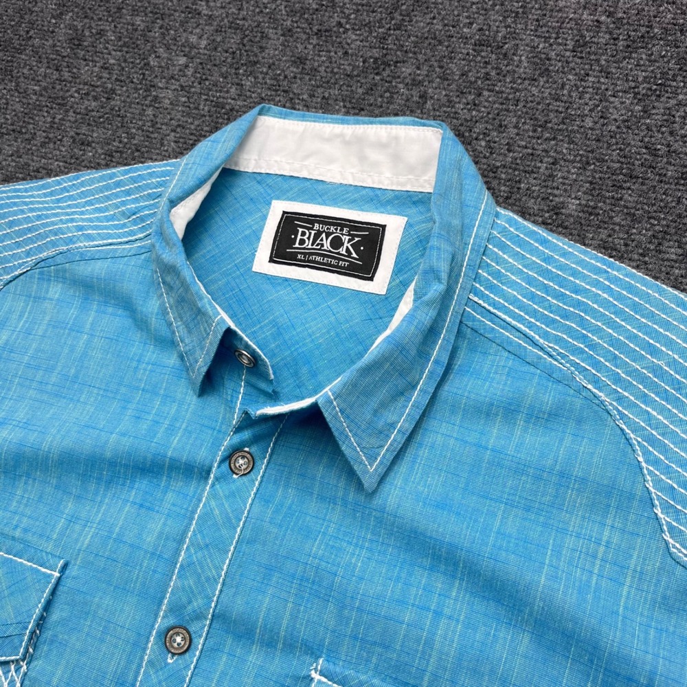 Buckle Black Athletic Fit Short Sleeve Contrast Stitch Blue Button Down Shirt